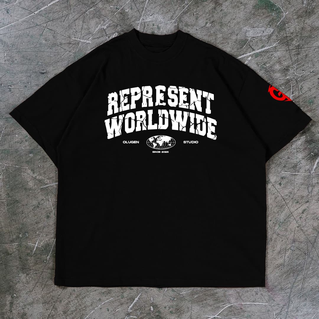"REPRESENT WORLDWIDE" Premium Black Drop Shoulder T-Shirt